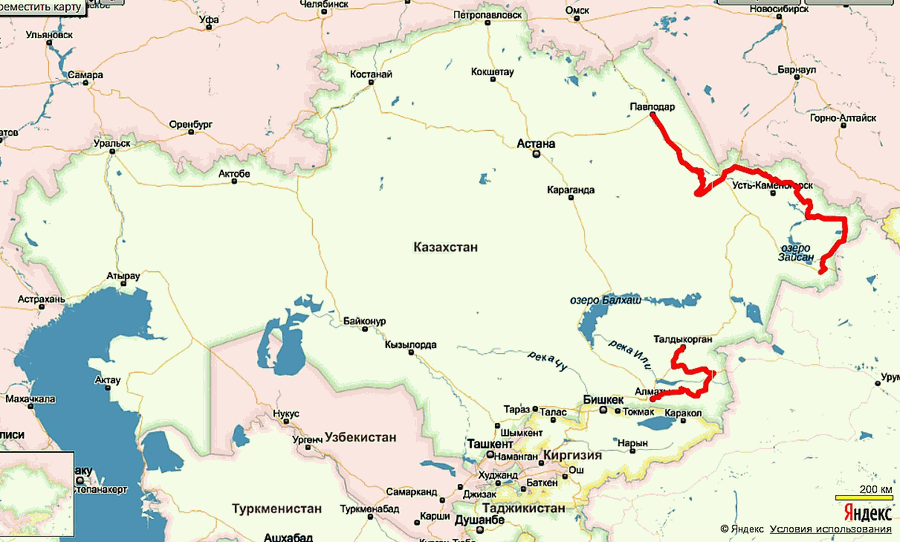 Маршрут на карте Казахстана